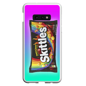 Чехол для Samsung S10E с принтом Skittles | Черный в Тюмени, Силикон | Область печати: задняя сторона чехла, без боковых панелей | black | skittles | sweet heat | градиент | зеленый | радуга | розовый | синий | скитлс | черный