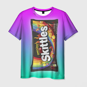 Мужская футболка 3D с принтом Skittles | Черный в Тюмени, 100% полиэфир | прямой крой, круглый вырез горловины, длина до линии бедер | black | skittles | sweet heat | градиент | зеленый | радуга | розовый | синий | скитлс | черный