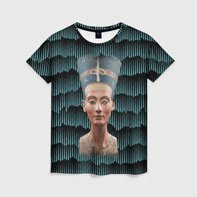 Женская футболка 3D с принтом Нефертити в Тюмени, 100% полиэфир ( синтетическое хлопкоподобное полотно) | прямой крой, круглый вырез горловины, длина до линии бедер | африка | божества | волны | геометрия | египет | маска | нефертити | фараон | царица