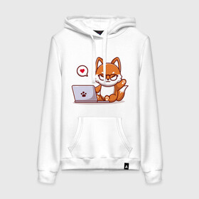 Женская толстовка хлопок с принтом Cute fox and laptop в Тюмени, френч-терри, мягкий теплый начес внутри (100% хлопок) | карман-кенгуру, эластичные манжеты и нижняя кромка, капюшон с подкладом и шнурком | fox | laptop | love | кицуне | кицунэ | комп | компьютер | лапа | лапка | лиса | лисенок | лисичка | лэптоп | любовь | ноут | ноутбук | отпечаток | очки | привет | рука | ручка | сердечко | сердце