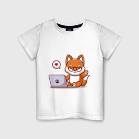 Детская футболка хлопок с принтом Cute fox and laptop в Тюмени, 100% хлопок | круглый вырез горловины, полуприлегающий силуэт, длина до линии бедер | Тематика изображения на принте: fox | laptop | love | кицуне | кицунэ | комп | компьютер | лапа | лапка | лиса | лисенок | лисичка | лэптоп | любовь | ноут | ноутбук | отпечаток | очки | привет | рука | ручка | сердечко | сердце