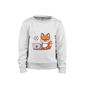 Детский свитшот хлопок с принтом Cute fox and laptop в Тюмени, 100% хлопок | круглый вырез горловины, эластичные манжеты, пояс и воротник | Тематика изображения на принте: fox | laptop | love | кицуне | кицунэ | комп | компьютер | лапа | лапка | лиса | лисенок | лисичка | лэптоп | любовь | ноут | ноутбук | отпечаток | очки | привет | рука | ручка | сердечко | сердце