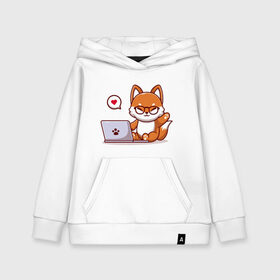 Детская толстовка хлопок с принтом Cute fox and laptop в Тюмени, 100% хлопок | Круглый горловой вырез, эластичные манжеты, пояс, капюшен | fox | laptop | love | кицуне | кицунэ | комп | компьютер | лапа | лапка | лиса | лисенок | лисичка | лэптоп | любовь | ноут | ноутбук | отпечаток | очки | привет | рука | ручка | сердечко | сердце