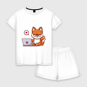 Женская пижама с шортиками хлопок с принтом Cute fox and laptop в Тюмени, 100% хлопок | футболка прямого кроя, шорты свободные с широкой мягкой резинкой | Тематика изображения на принте: fox | laptop | love | кицуне | кицунэ | комп | компьютер | лапа | лапка | лиса | лисенок | лисичка | лэптоп | любовь | ноут | ноутбук | отпечаток | очки | привет | рука | ручка | сердечко | сердце