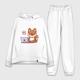 Женский костюм хлопок Oversize с принтом Cute fox and laptop в Тюмени,  |  | Тематика изображения на принте: fox | laptop | love | кицуне | кицунэ | комп | компьютер | лапа | лапка | лиса | лисенок | лисичка | лэптоп | любовь | ноут | ноутбук | отпечаток | очки | привет | рука | ручка | сердечко | сердце