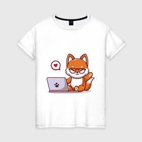 Женская футболка хлопок с принтом Cute fox and laptop в Тюмени, 100% хлопок | прямой крой, круглый вырез горловины, длина до линии бедер, слегка спущенное плечо | Тематика изображения на принте: fox | laptop | love | кицуне | кицунэ | комп | компьютер | лапа | лапка | лиса | лисенок | лисичка | лэптоп | любовь | ноут | ноутбук | отпечаток | очки | привет | рука | ручка | сердечко | сердце