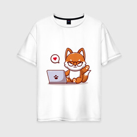 Женская футболка хлопок Oversize с принтом Cute fox and laptop в Тюмени, 100% хлопок | свободный крой, круглый ворот, спущенный рукав, длина до линии бедер
 | fox | laptop | love | кицуне | кицунэ | комп | компьютер | лапа | лапка | лиса | лисенок | лисичка | лэптоп | любовь | ноут | ноутбук | отпечаток | очки | привет | рука | ручка | сердечко | сердце