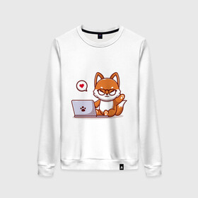 Женский свитшот хлопок с принтом Cute fox and laptop в Тюмени, 100% хлопок | прямой крой, круглый вырез, на манжетах и по низу широкая трикотажная резинка  | fox | laptop | love | кицуне | кицунэ | комп | компьютер | лапа | лапка | лиса | лисенок | лисичка | лэптоп | любовь | ноут | ноутбук | отпечаток | очки | привет | рука | ручка | сердечко | сердце