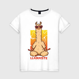 Женская футболка хлопок с принтом Llamaste в Тюмени, 100% хлопок | прямой крой, круглый вырез горловины, длина до линии бедер, слегка спущенное плечо | Тематика изображения на принте: art | lama | meditation | namaste | yoga | арт | йога | лама | медитация | намасте