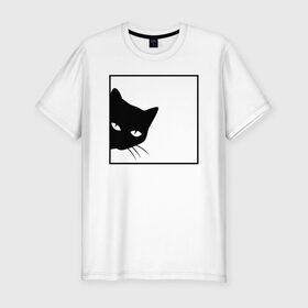 Мужская футболка хлопок Slim с принтом BLACK CAT | ЧЕРНАЯ КОШКА в Тюмени, 92% хлопок, 8% лайкра | приталенный силуэт, круглый вырез ворота, длина до линии бедра, короткий рукав | black | cat | cats | creative | hunter | minimalism | night | кот | коте | котенок | котэ | кошка | креатив | креативная | минимализм | надпись | ночь | охотник | текст | черная | черный