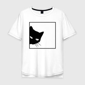 Мужская футболка хлопок Oversize с принтом BLACK CAT | ЧЕРНАЯ КОШКА в Тюмени, 100% хлопок | свободный крой, круглый ворот, “спинка” длиннее передней части | black | cat | cats | creative | hunter | minimalism | night | кот | коте | котенок | котэ | кошка | креатив | креативная | минимализм | надпись | ночь | охотник | текст | черная | черный