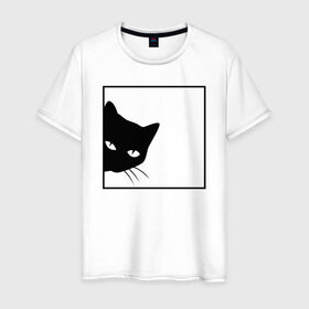 Мужская футболка хлопок с принтом BLACK CAT | ЧЕРНАЯ КОШКА в Тюмени, 100% хлопок | прямой крой, круглый вырез горловины, длина до линии бедер, слегка спущенное плечо. | black | cat | cats | creative | hunter | minimalism | night | кот | коте | котенок | котэ | кошка | креатив | креативная | минимализм | надпись | ночь | охотник | текст | черная | черный