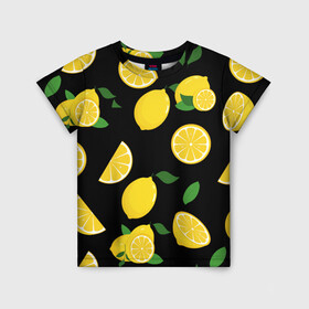 Детская футболка 3D с принтом Лимоны на чёрном в Тюмени, 100% гипоаллергенный полиэфир | прямой крой, круглый вырез горловины, длина до линии бедер, чуть спущенное плечо, ткань немного тянется | citrus natural fruit | fresh | illustration | organic | pattern | texture | лето | лимон | свежесть | тропики | узор | фон | фрукты | цитрус | экзотика