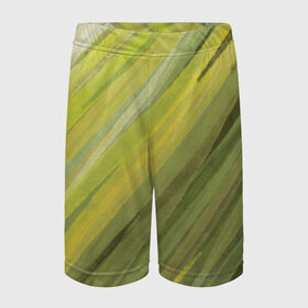 Детские спортивные шорты 3D с принтом Акварельные линии в Тюмени,  100% полиэстер
 | пояс оформлен широкой мягкой резинкой, ткань тянется
 | Тематика изображения на принте: абстракция | акварель | горчичный | зелёный | линии
