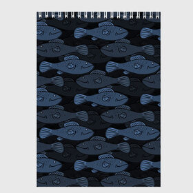 Скетчбук с принтом Синие рыбы на темном фоне в Тюмени, 100% бумага
 | 48 листов, плотность листов — 100 г/м2, плотность картонной обложки — 250 г/м2. Листы скреплены сверху удобной пружинной спиралью | морской паттерн | подводный мир | рыбы | синие рыбы