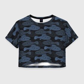Женская футболка Crop-top 3D с принтом Синие рыбы на темном фоне в Тюмени, 100% полиэстер | круглая горловина, длина футболки до линии талии, рукава с отворотами | морской паттерн | подводный мир | рыбы | синие рыбы