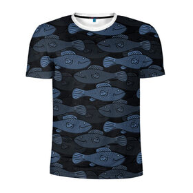 Мужская футболка 3D спортивная с принтом Синие рыбы на темном фоне в Тюмени, 100% полиэстер с улучшенными характеристиками | приталенный силуэт, круглая горловина, широкие плечи, сужается к линии бедра | морской паттерн | подводный мир | рыбы | синие рыбы