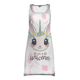 Платье-майка 3D с принтом Кролик-единорог в Тюмени, 100% полиэстер | полуприлегающий силуэт, широкие бретели, круглый вырез горловины, удлиненный подол сзади. | bunny | cute | unicorn | единорог | кролик | милый | розовый | цветы