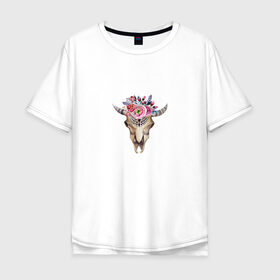 Мужская футболка хлопок Oversize с принтом Черепушка в бохо-стиле в Тюмени, 100% хлопок | свободный крой, круглый ворот, “спинка” длиннее передней части | бохо | бохо стиль | череп коровы | череп с цветами