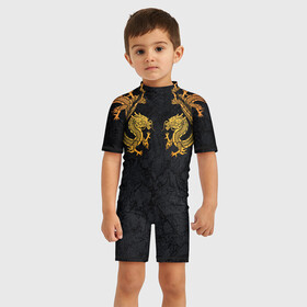 Детский купальный костюм 3D с принтом GOLD CHINA DRAGONS в Тюмени, Полиэстер 85%, Спандекс 15% | застежка на молнии на спине | chine dragon | gold dragon | yellow dragon | без крыльев | желтый дракон | золотые драконы | китайский дракон