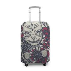 Чехол для чемодана 3D с принтом Маска Кицунэ | Маска лисы в Тюмени, 86% полиэфир, 14% спандекс | двустороннее нанесение принта, прорези для ручек и колес | кицуне | маска кицунэ | маска лисицы | маска лисы | японская маска | японские цветы | японский веер