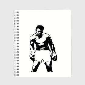 Тетрадь с принтом The Greatest (Muhammad Ali) в Тюмени, 100% бумага | 48 листов, плотность листов — 60 г/м2, плотность картонной обложки — 250 г/м2. Листы скреплены сбоку удобной пружинной спиралью. Уголки страниц и обложки скругленные. Цвет линий — светло-серый
 | ali | clay | mohammed | али | боец | боксер | величайший | возможность | искусства | касиус | клей | личность | мозайка | мотивация | мохаммед | мухамед | перчатки | сила | слова | спорт | темный | узор