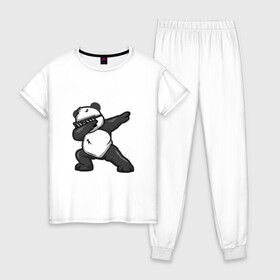 Женская пижама хлопок с принтом PanDab в Тюмени, 100% хлопок | брюки и футболка прямого кроя, без карманов, на брюках мягкая резинка на поясе и по низу штанин | dab | в очках | движение рукой | деб | дэб | панда | солнцезащитные очки