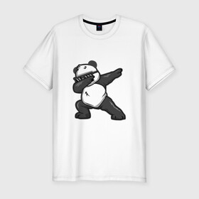 Мужская футболка хлопок Slim с принтом PanDab в Тюмени, 92% хлопок, 8% лайкра | приталенный силуэт, круглый вырез ворота, длина до линии бедра, короткий рукав | dab | в очках | движение рукой | деб | дэб | панда | солнцезащитные очки