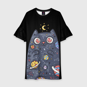 Детское платье 3D с принтом КОСМИЧЕСКИЙ КОТ в Тюмени, 100% полиэстер | прямой силуэт, чуть расширенный к низу. Круглая горловина, на рукавах — воланы | артемис | астероиды | вселенная | галактика | диана | звезды | кометы | космос | кот | котенок | котик | луна | месяц | ночь | планеты | сейлор мун | туманность | черная кошка