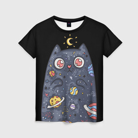 Женская футболка 3D с принтом КОСМИЧЕСКИЙ КОТ в Тюмени, 100% полиэфир ( синтетическое хлопкоподобное полотно) | прямой крой, круглый вырез горловины, длина до линии бедер | артемис | астероиды | вселенная | галактика | диана | звезды | кометы | космос | кот | котенок | котик | луна | месяц | ночь | планеты | сейлор мун | туманность | черная кошка