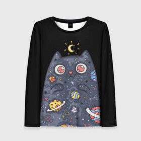 Женский лонгслив 3D с принтом КОСМИЧЕСКИЙ КОТ в Тюмени, 100% полиэстер | длинные рукава, круглый вырез горловины, полуприлегающий силуэт | артемис | астероиды | вселенная | галактика | диана | звезды | кометы | космос | кот | котенок | котик | луна | месяц | ночь | планеты | сейлор мун | туманность | черная кошка