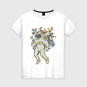 Женская футболка хлопок с принтом АСТРОНАВТ РОМАНТИК в Тюмени, 100% хлопок | прямой крой, круглый вырез горловины, длина до линии бедер, слегка спущенное плечо | астронавт | бабочка | космонавт | космос | полет | скафандр | цветы