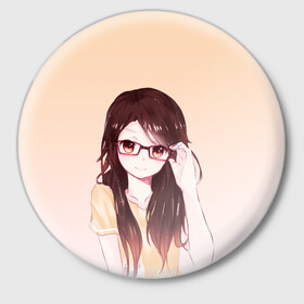 Значок с принтом девочка в очках милая в Тюмени,  металл | круглая форма, металлическая застежка в виде булавки | аниме | волосы | градиент | девочка | девушка | манга | милая | очки | персонаж | скромность | футболка | чиби