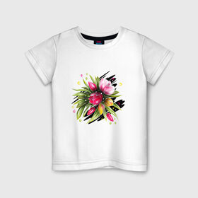 Детская футболка хлопок с принтом ТЮЛЬПАНЫ. ВЕСЕННИЕ ЦВЕТЫ в Тюмени, 100% хлопок | круглый вырез горловины, полуприлегающий силуэт, длина до линии бедер | весна | тюльпаны | цветочный | цветы