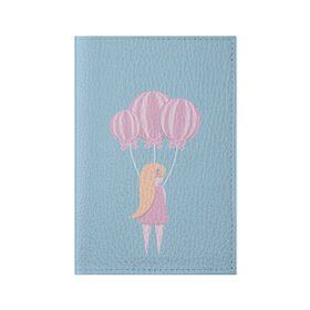 Обложка для паспорта матовая кожа с принтом Девочка с шариками в Тюмени, натуральная матовая кожа | размер 19,3 х 13,7 см; прозрачные пластиковые крепления | Тематика изображения на принте: блондинка | воздушные шарики | девочка | девочка в платье | девочка с шариками