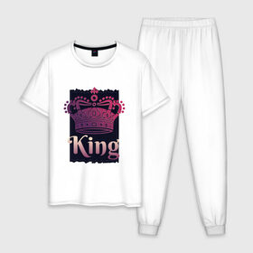 Мужская пижама хлопок с принтом King Король Корона в Тюмени, 100% хлопок | брюки и футболка прямого кроя, без карманов, на брюках мягкая резинка на поясе и по низу штанин
 | 23 февраля | chess | crown | duke | for man | gradient | king | man | pink | purple | russian | true king | tsar | всея руси | градиент | для мужчины | для парня | князь | настоящий король | парень | прикол | русский | русь | царевич | ца