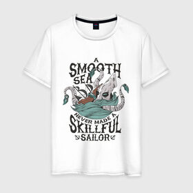 Мужская футболка хлопок с принтом Кракен Шторм и Корабль в Тюмени, 100% хлопок | прямой крой, круглый вырез горловины, длина до линии бедер, слегка спущенное плечо. | kraken | merch | pirat | pirate | sailor | sea | sea monster | ship | storm | искусный моряк | кальмар | кракен мерч | легенда | миф | море | морское чудовище | моряк | океан | осьминог | пират | пиратский корабль | пиратский мерч