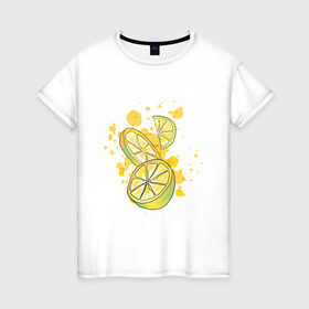 Женская футболка хлопок с принтом Лимон и Лайм в Тюмени, 100% хлопок | прямой крой, круглый вырез горловины, длина до линии бедер, слегка спущенное плечо | art | food | juice | juicy | lemon | lime | summer | watercolor | watercolour | акварель | акварельные фрукты | арт | брызги | витамин с | еда | желтый лимон | зеленый лайм | иллюстрация | лето | правильное питание | природа | рисунок