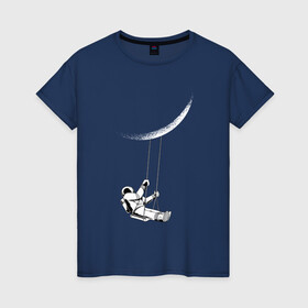 Женская футболка хлопок с принтом Астронавт Луна на качелях в Тюмени, 100% хлопок | прямой крой, круглый вырез горловины, длина до линии бедер, слегка спущенное плечо | art | astronaut | cosmonaut | galaxy | moon | moonlight | nasa | space | арт | в космосе | галактика | звезды | качается на качелях | качели | космонавт | космос | луна | луны | поверхность | полумесяц | прикол | пузыри | рисунок