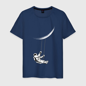 Мужская футболка хлопок с принтом Астронавт Луна на качелях в Тюмени, 100% хлопок | прямой крой, круглый вырез горловины, длина до линии бедер, слегка спущенное плечо. | art | astronaut | cosmonaut | galaxy | moon | moonlight | nasa | space | арт | в космосе | галактика | звезды | качается на качелях | качели | космонавт | космос | луна | луны | поверхность | полумесяц | прикол | пузыри | рисунок