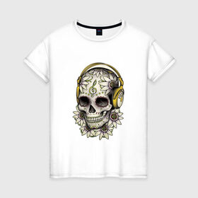 Женская футболка хлопок с принтом Череп в наушниках в Тюмени, 100% хлопок | прямой крой, круглый вырез горловины, длина до линии бедер, слегка спущенное плечо | день мертвых | наушники | цветы | череп | череп с цветами