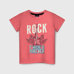 Детская футболка хлопок с принтом Rock music forever в Тюмени, 100% хлопок | круглый вырез горловины, полуприлегающий силуэт, длина до линии бедер | Тематика изображения на принте: гитара | металл | микрофон | музыка | песня | рок | рок звезда