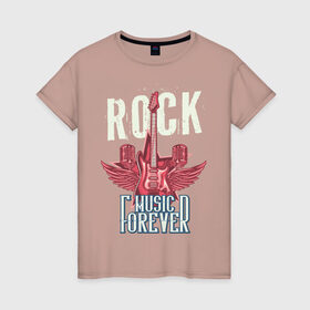 Женская футболка хлопок с принтом Rock music forever в Тюмени, 100% хлопок | прямой крой, круглый вырез горловины, длина до линии бедер, слегка спущенное плечо | гитара | металл | микрофон | музыка | песня | рок | рок звезда