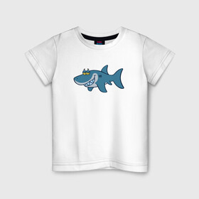 Детская футболка хлопок с принтом АКУЛЕНОК в Тюмени, 100% хлопок | круглый вырез горловины, полуприлегающий силуэт, длина до линии бедер | Тематика изображения на принте: fish | megalodon | shark | teeth | white shark | акула | белая акула | зубы | мегалодон | рыба
