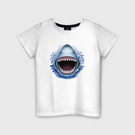 Детская футболка хлопок с принтом АКУЛА ЧЕЛЮСТИ в Тюмени, 100% хлопок | круглый вырез горловины, полуприлегающий силуэт, длина до линии бедер | fish | jaws | megalodon | shark | teeth | white shark | акула | белая акула | зубы | клыки | мегалодон | пасть | рот | рыба | челюсти
