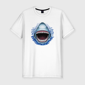 Мужская футболка хлопок Slim с принтом АКУЛА ЧЕЛЮСТИ в Тюмени, 92% хлопок, 8% лайкра | приталенный силуэт, круглый вырез ворота, длина до линии бедра, короткий рукав | Тематика изображения на принте: fish | jaws | megalodon | shark | teeth | white shark | акула | белая акула | зубы | клыки | мегалодон | пасть | рот | рыба | челюсти