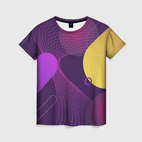 Женская футболка 3D с принтом ГЕОМЕТРИЧЕСКИЕ ЛИНИИ в Тюмени, 100% полиэфир ( синтетическое хлопкоподобное полотно) | прямой крой, круглый вырез горловины, длина до линии бедер | 3d | 3д | геометрические линии | геометрия | желтый | круги | линия | оранжевый | пурпурный | розовый | синий | фиолетовый
