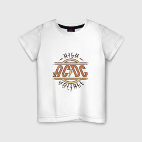 Детская футболка хлопок с принтом AC DC | HIGH VOLTAGE в Тюмени, 100% хлопок | круглый вырез горловины, полуприлегающий силуэт, длина до линии бедер | Тематика изображения на принте: ac dc | acdc | high | voltage | группы | метал | музыка | рок | хард рок | эйси диси | эйсидиси