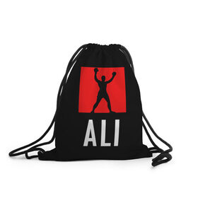 Рюкзак-мешок 3D с принтом Muhammad Ali в Тюмени, 100% полиэстер | плотность ткани — 200 г/м2, размер — 35 х 45 см; лямки — толстые шнурки, застежка на шнуровке, без карманов и подкладки | Тематика изображения на принте: muhammad ali бокс легенда ринг чемпион