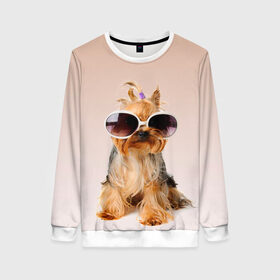 Женский свитшот 3D с принтом собака в очках в Тюмени, 100% полиэстер с мягким внутренним слоем | круглый вырез горловины, мягкая резинка на манжетах и поясе, свободная посадка по фигуре | лето | маленткая | мода | отдых | очки | собака | солнечные очки | солнцезащитные очки | хвостик